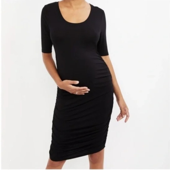 Motherhood Black Ruched Bodycon Midi Dress - Picture 1 of 4